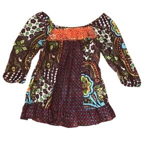 Paisley Print Peasant Blouse Brown Green Orange Bohemian Style Blouse Size Small